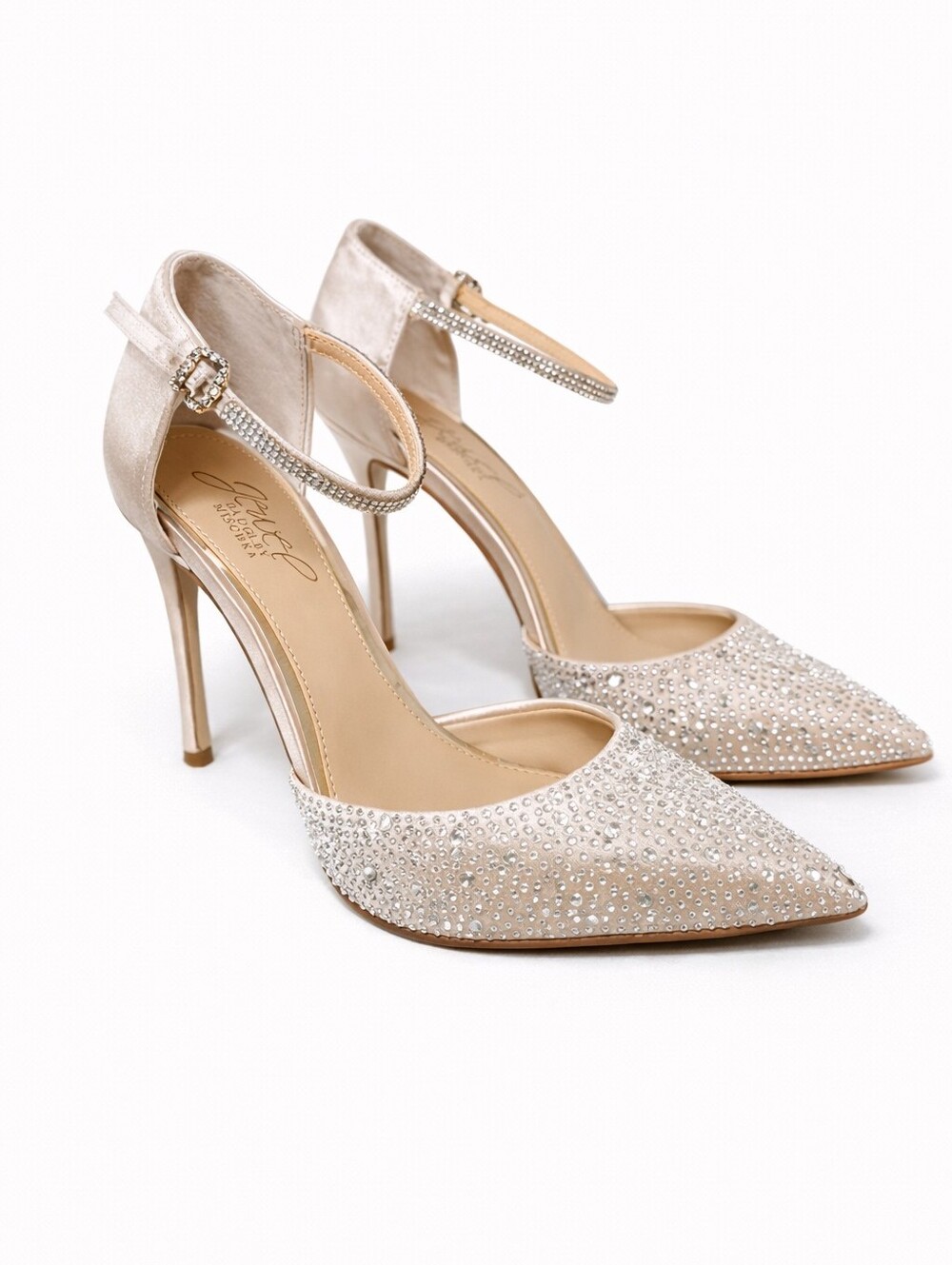 Jewel Badgley Mischka Jailene Satin Champagne Ankle Strap Stiletto Heels 5.5